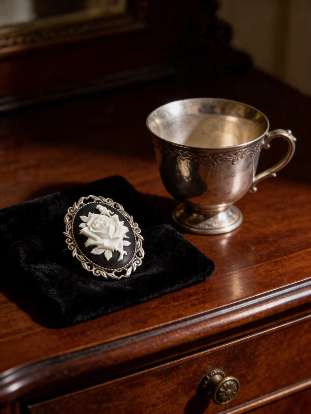 Vintage Black and White Rose Cameo Brooch